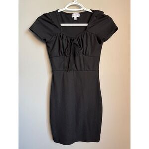 Rolla Coster Black Ribbed Mini Dress Small Short Sleeve Tie Front Coquette Goth